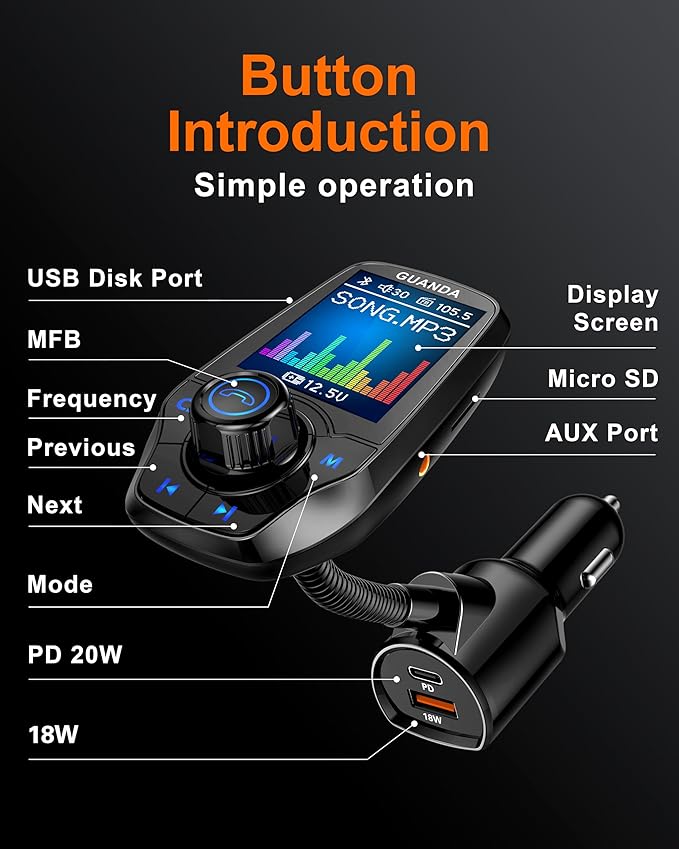 Upgraded Bluetooth FM Transmitter for Car, Wireless Radio Adapter Kit W 1.8" Color Display Hands-Free Call AUX in/Out SD/TF Card USB Charger PD 20W for All Smartphones Audio Players - Black