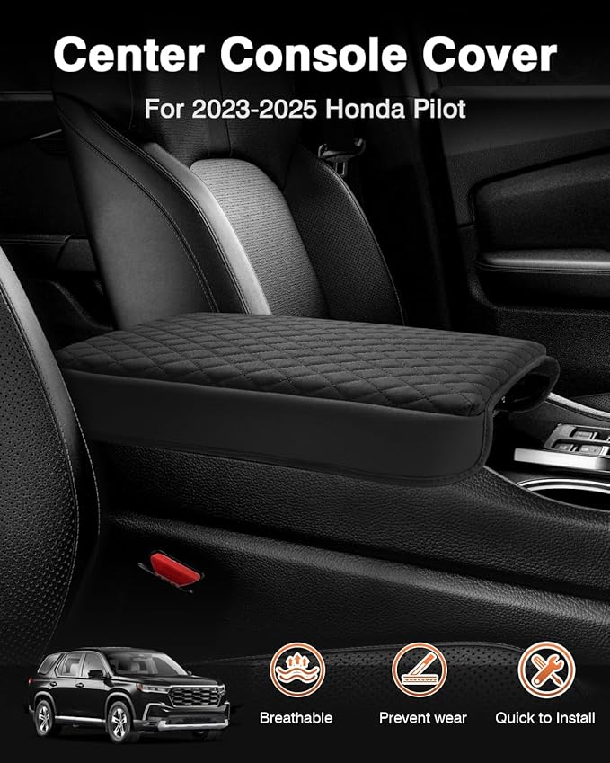 Shademax Custom for Honda Pilot Center Console Cover,Armrest Cover for Honda Pilot/Ridgeline/Passport Accessories 2023-2025 2026 Arm Rest Cushion Pad Console Lid Cover PU Leather Black