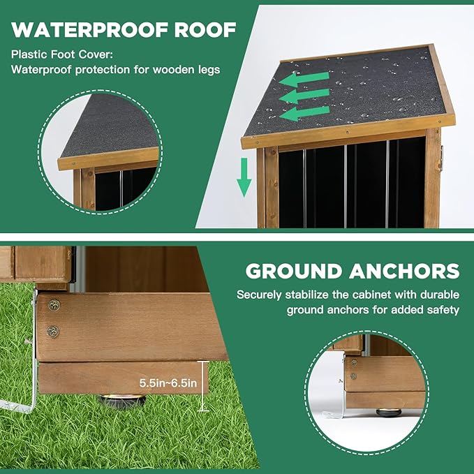 Outdoor Storage Cabinet Wood & Metal, Storage Shed Waterproof Double Lock for Anti-Theft Removable Shelves Adjustable Feet Wooden Floor for Patio, Garden, Lawn Pool Storage, 46" X 18" X 68"