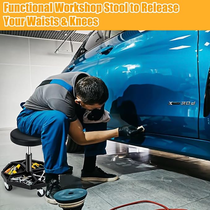 Adjustable Mechanic Rolling Stool, Pneumatic Rolling Stool with Wheels, Tool Storage Tray & Padded Seat Cushion, Garage Stool Chairs Creeper Seat (Black)