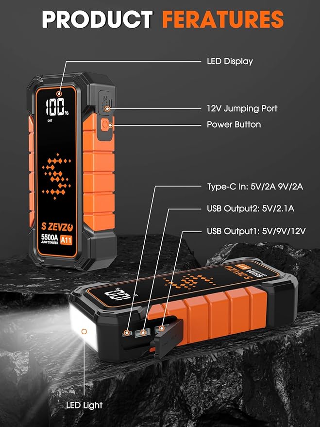 S ZEVZO A11 5500A Car Battery Jump Starter, 88.8Wh Battery Jumper Starter Portable (All Gas & 10.0L Diesel Engines) 12V Lithium Jump Box with LCD Display, 3 Modes Flashlight, USB Quick Charge and Case