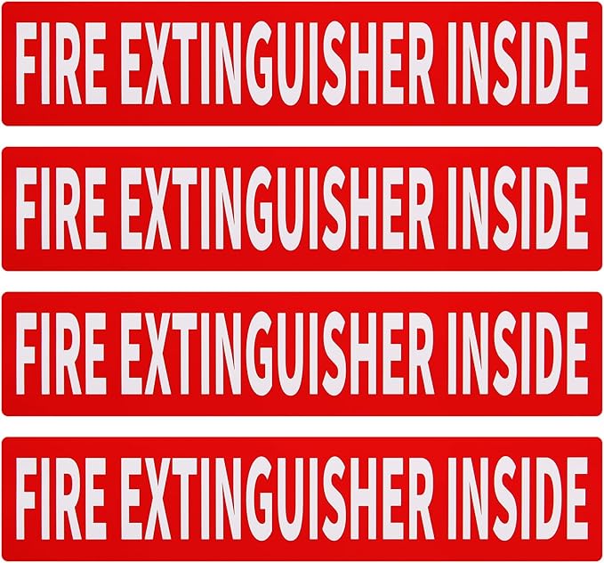 Madrigal Fire Extinguisher Inside Sticker Sign,4Pack 12x2.5" Self-Adhesive Vinyl, Weatherproof & UV Protected for Cars, Trailers, Rv's, Trucks and Vehicles, Red on White