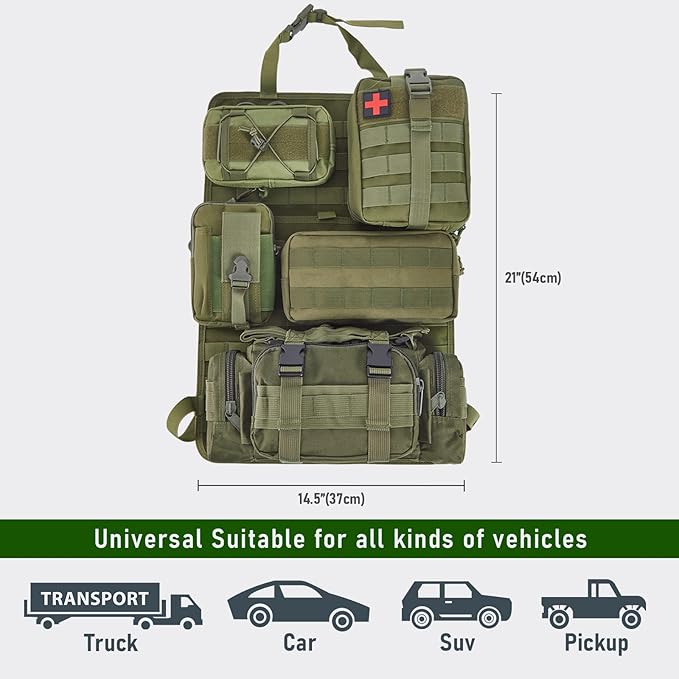 Universal Tactical Seat Back Organizer Vehicle Molle Panel Organizer Storage Bag with 5 Detachable Molle Pouch for All Vehicel Such as Jeep,Truck,SUV, Car, Ford,Chevy etc
