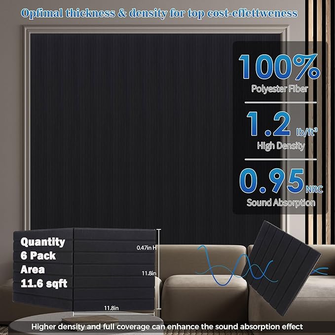 6 Pack Large Fold Soundproof Wall Panels, 24 x 12 x 0.47 in Sound Proof Foam Panels for Walls, 1.2lb/ft³ High Density, Thicker 0.47in, Acoustic Panels, Sound Dampening Panels Black