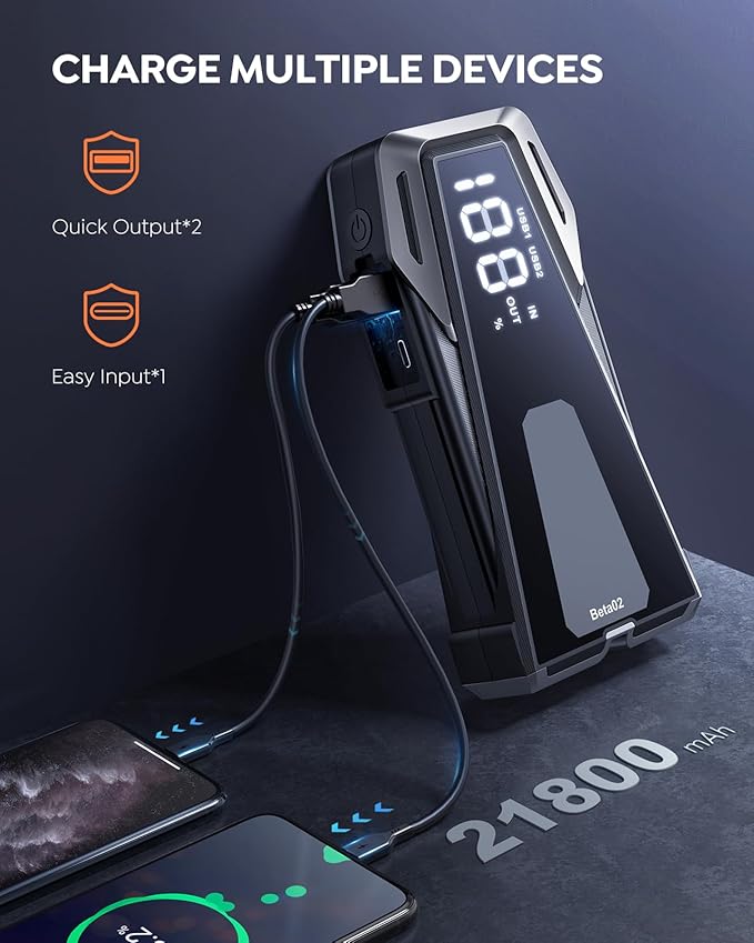 Portable Car Battery Jump Starter 6000A 21800mAh, Car Battery Jumper Starter Portable Jumper Cables for car(8.5L Gas/8.0L Diesel),Jump Box with USB Quick Charge, Lights, Compact