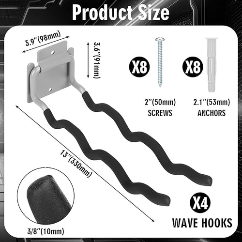 4 Pack Heavy Duty Garage Hooks Ladder Hangers for Garage Wall Flip up Wave Hooks for Shovels Chairs Durable 12" Foldable Tools Holder for Yard Garden Tool Organization