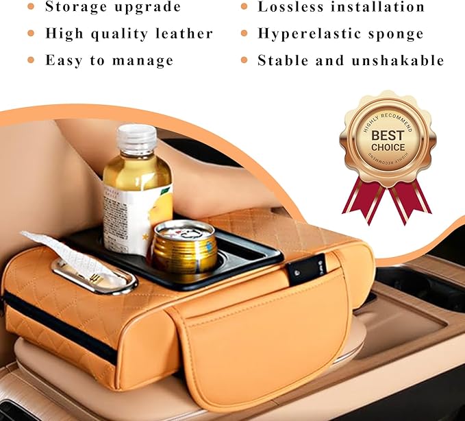 Car arm Rest Cover Pad, 5-in-1 Center Console Cover with Cup Holder, Tissue Box Slot, Mobile Phone Storage Slot, Suitable for Most Car Console Organizer, 13.8''x7.1''x3.0'', (Orange)