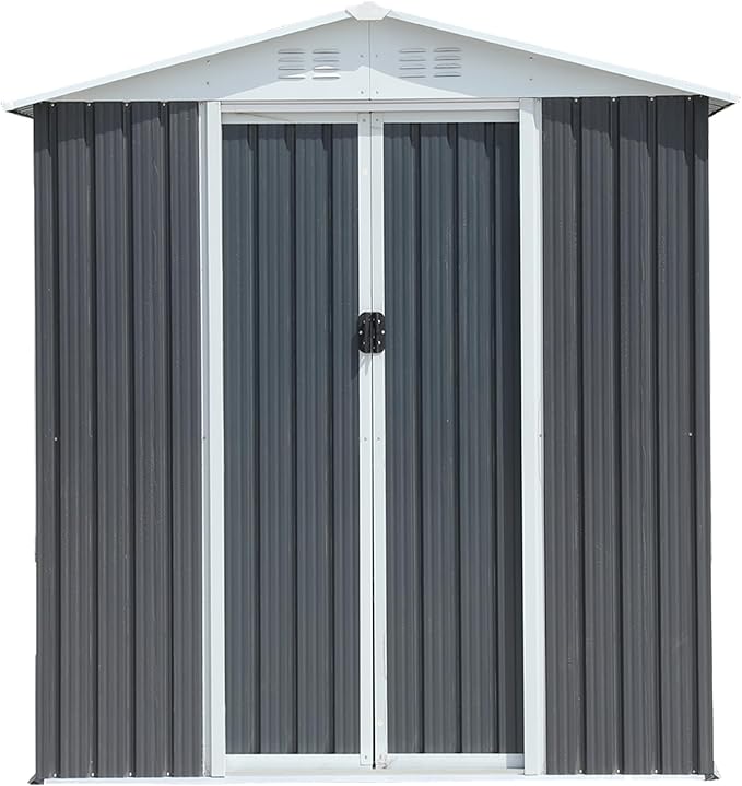 6x4 FT Outdoor Metal Storage Shed, Waterproof Outside Garden Sheds w/Lockable Sliding Doors and Vents, Weather Resistant Steel Tool Storage House for Backyard, Patio, Lawn, Grey