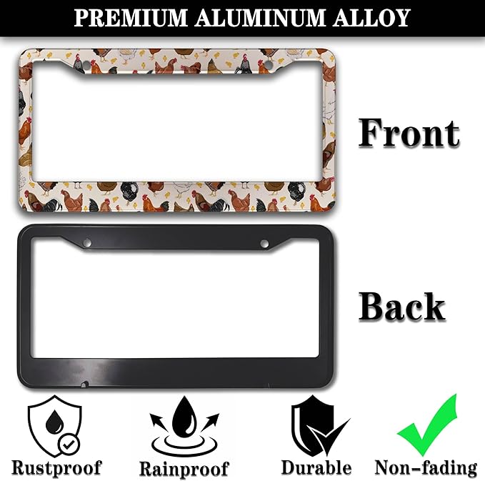 License Plate Covers for Women Multicolor License Plate Frames for Men Chicken Flower Aluminum Metal Car Accessory 2 Pack with Screw Covers Set