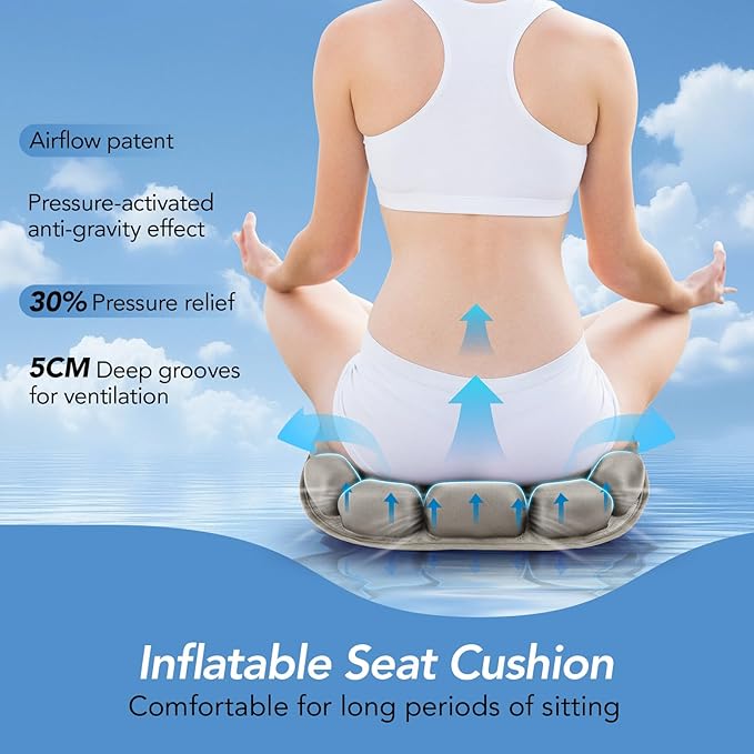 Travel Seat Cushion, 3D Air Inflatable Pressure Relief Cushion for Hemorrhoid and Tailbone Pain Relief, Optimal Support for Long Sitting in Car, Air Travel, Office Chairs, Home Living (Grey)