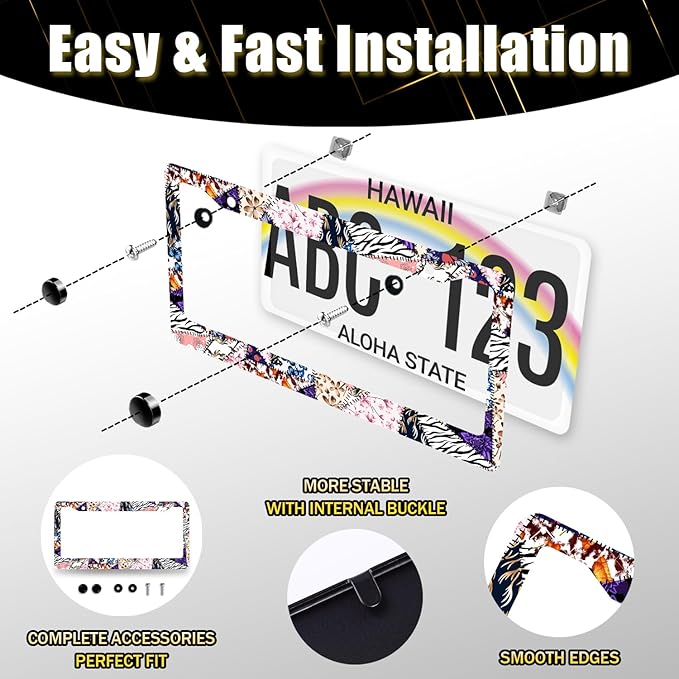 Abstract Art Flowers License Plate Frame Colorful Floral License Plate Holder Stainless Steel Funny Design 12.3" x 6.3"Compatible with Standard License Plate for USA Canada