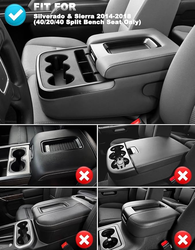 Center Console Cover for 2014-2018 Chevy Silverado & GMC Sierra 1500 2500 3500, Vinyl Leather Interior Accessories, Car Armrest Protector, Jump Seat, Anti-Scratch, Black
