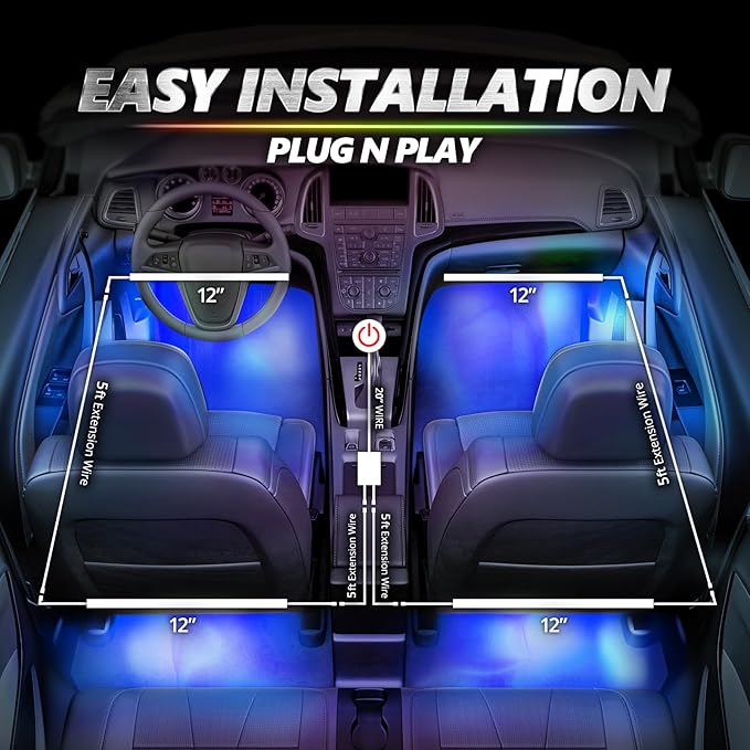 OPT7 Aura Pro Interior Car Lights with App & Remote Control, RGB Color Change, Music Sync Inside Ambient Lighting Kit, Car SUV Van Under Dash Decor, 12V Charger Adapter, 4PC Single Row LED Strip