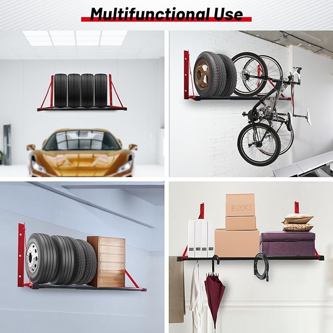 ROBLOCK Folding Tire Wheel Rack Wall Mount Multi-Tire Spare Carriers Garage (32"-48") x 22" x 22", Red