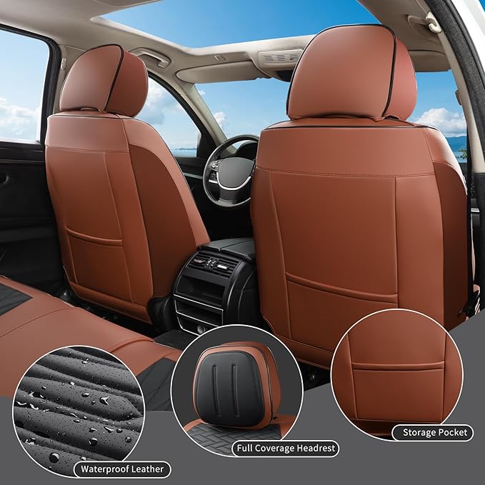 Car Seat Covers Full Set, Leather Seat Covers for Cars, Car Seat Protector Waterproof, Non-Slip Car Interior Covers Fit for Most Cars, SUV, Vans, Trucks,2Seaters,Full Set,Brown-Black,COMFDRIVE-A03