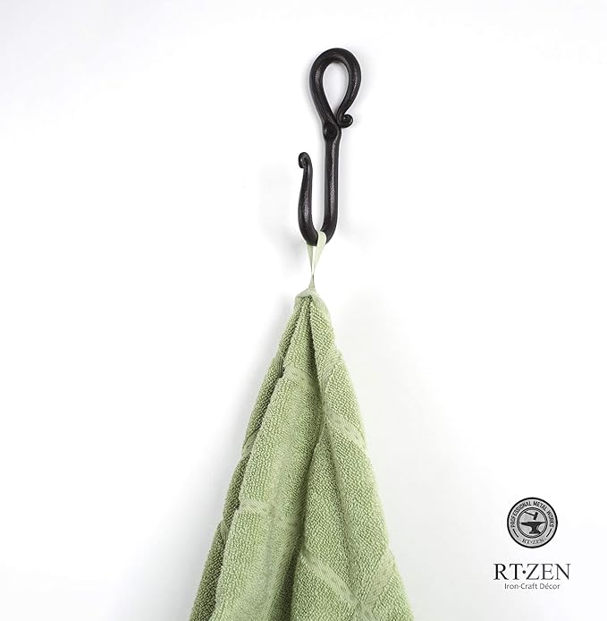 RTZEN Wall Mount Hook Set - Wrought Iron Decorative Rustic Metal Coat Hooks for Hanging - Handcrafted Classic Farmhouse Wall Mounted Black Hooks for Towel Robe or Hat Hanging - 3 Pack