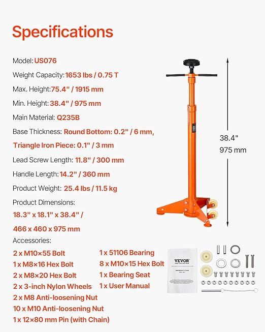 VEVOR Underhoist Support Stand, 3/4 Ton Capacity Under Hoist Jack Stand, Lifting from 38.4 to 75.4 in, Bearing Mounted Spin Handle, Self-Locking Threaded Screw, Two Wheels, Support Vehicle Components