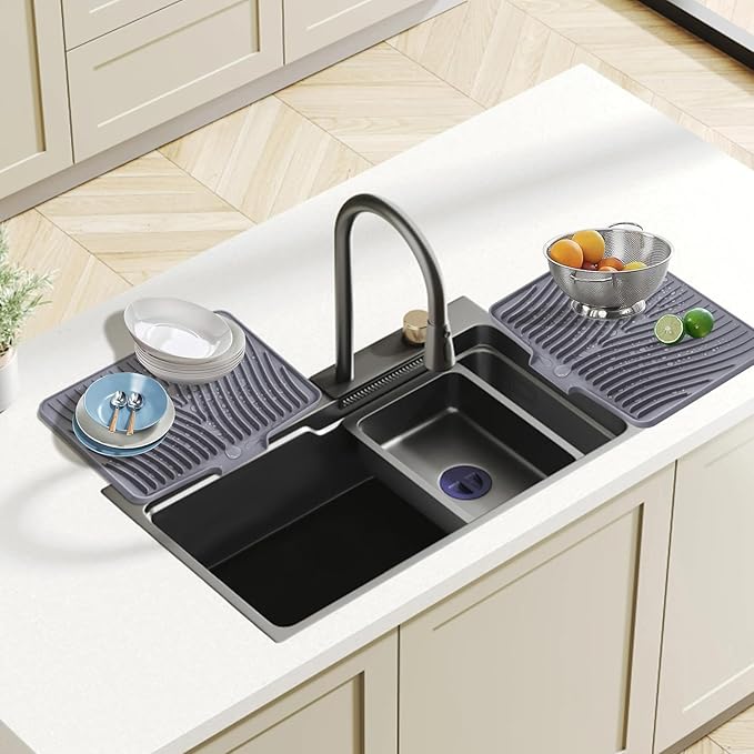 Dish Drying Mat, Stone Drying Mat for Kitchen Counter with Built-in Drain, Non-Slip Drying Matt Kitchen Counter, Heat Resistant Silicone Drying Mat, 2 Pcs(15.8"X 13", Grey)