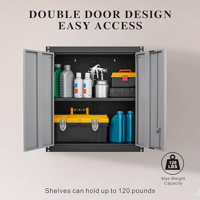 GREATMEET Lockable Storage Cabinet, Metal Garage Storage Cabinets, Metal Wall Cabinet for Garage, Wall Mount Cabinet with Lock and Adjustable Shelf, Floating, Black&Grey