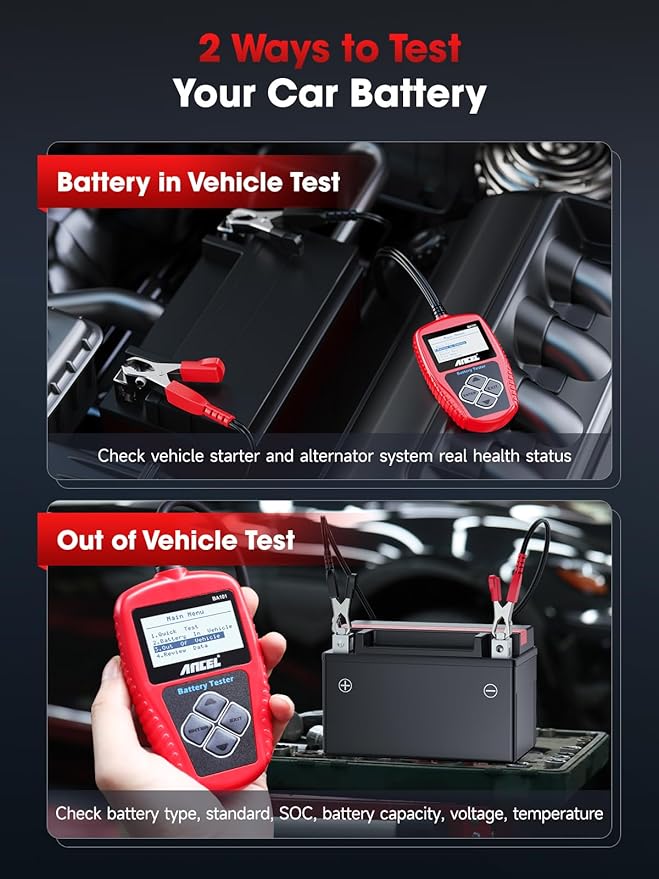 ANCEL BA101 Car Battery Tester, 12V Digital Automotive Alternator Meter Diagnostic Tool,100-2000 CCA Load Capacity, Charging & Cranking Analyzer for Truck, Boat, RV, Marine Vehicle, and More