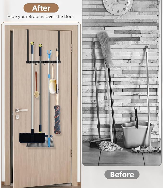 Broom Holder Over The Door 2Pack - 304 Stainless Steel Mop and Broom Hanger Wall Mounted or Hanging Over The Door with Hooks - Tool Organizer for Garage Closet Laundry Kitchen Decor