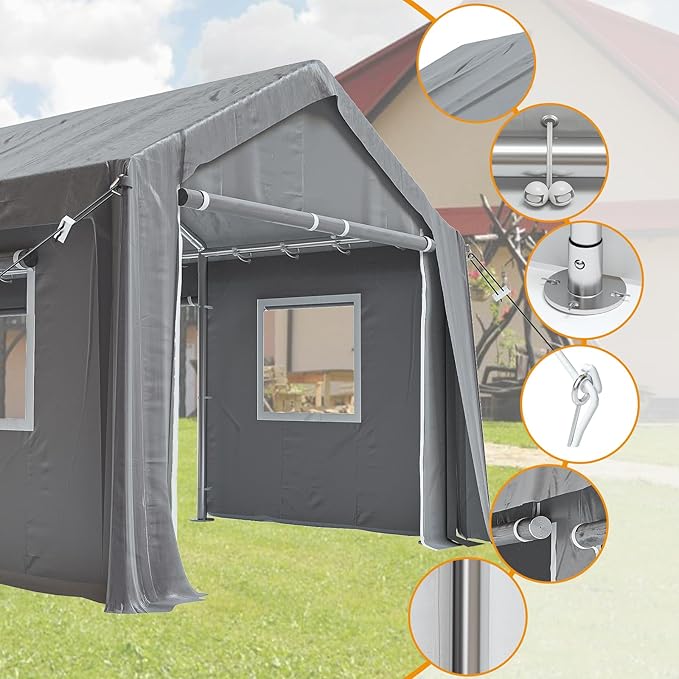 12x20ft Heavy Duty Carport Outdoor Canopy Portable Garage with 4 Doors & 4 Windows Waterproof UV Resistant Storage Shelter with Removable Sidewalls for Car Truck Boat, Gray
