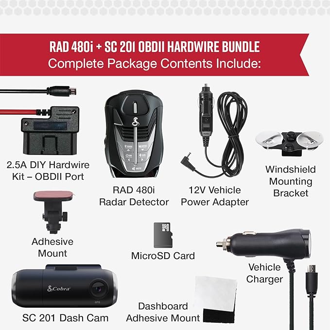 Cobra RAD 480i Radar Detector & SC 201 Smart Dash Cam + 2.5A OBD Port to Micro USB DIY Easy Hardwire Kit: Long Range Rapid Radar Detection, Full HD 1080P Video + 16GB SD Card, Built-in WiFi & GPS