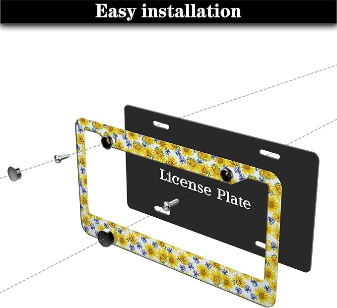 License Plate Cover Frame for Women Multicolor License Plate Frames for Men Sunflowers Aluminum Metal Car Accessory 2 Pack with Screw Covers Set