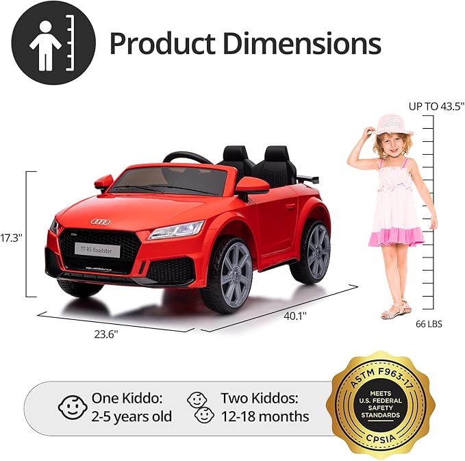 Electric Ride on Car for Kids, Licensed Audi 12V 7Ah Kids Ride-on Toy for Toddlers 3-5 Year Old Girls with Remote, Bluetooth - Red