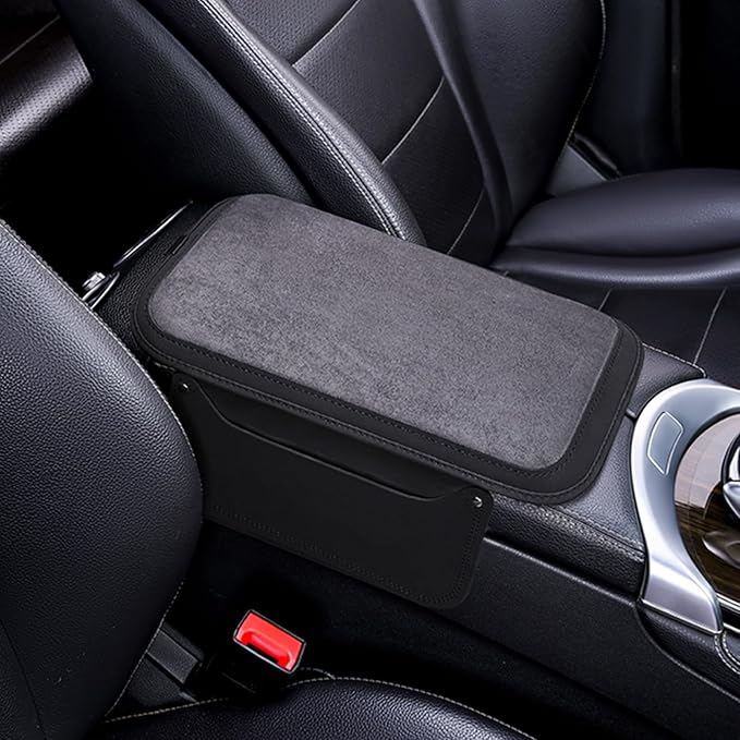 Arm Rest Cover for Car with 2 Storage Bags, Central Console Cover Armrest Pad, Suede Leather, Auto Interior Accessories for Most Vehicles, All-Season Comfort, Black