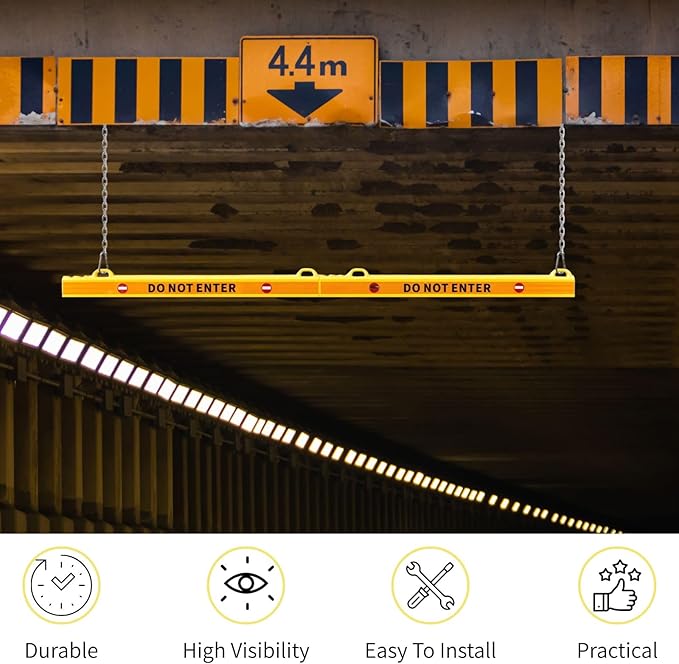 78” Height Guard Clearance Bar (Warning Sign) - MAX Clearance Adjustable to 7' 3" - Hanging Safety Bar with Reflective Yellow Stripes for Parking Lots, Warehouses, Garage Entrances