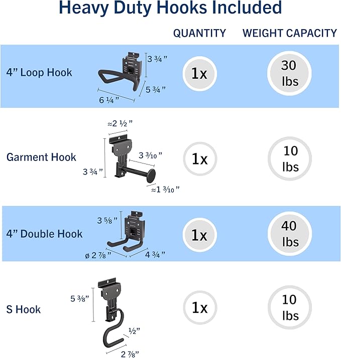 8 Pack Heavy Duty Slatwall Hooks, Black, Snap & Heavy-Duty Hooks Mix, Organize Garage, Storage, Tools, Sports Gear, Cords