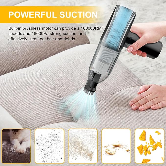 Car Vacuum Cleaner Cordless Handheld Portable - 18000Pa Powerful Suction & Air Blow - Upto 35mins Runtime - 4 Speeds - Brushless Motor- Hand held Vacuum Cleaner for Car Home Office Pet