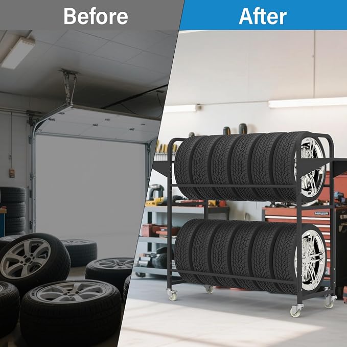 Tire Storage Rack 44" x 44" x 18" w/Anti-dust Cover, Rolling Tire Rack Adjustable, Tire Rack for Garage Black w/4 Swivel Casters & 2 Storage Shelf for Garage Storage