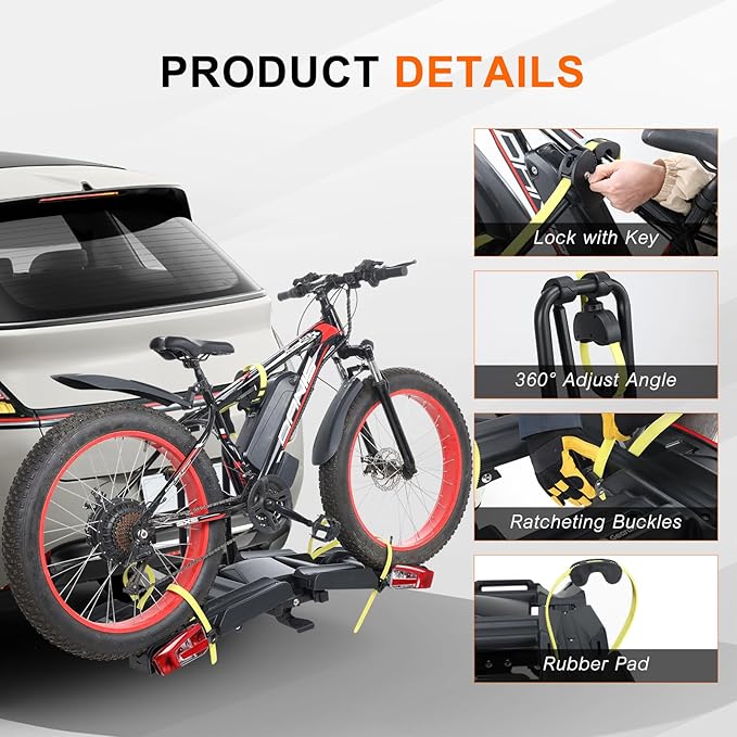 2 E-Bike Foldable Hitch Mount Bike Rack with Light for 2" Receiver SUV & Trucks, Up to 4'' Fat Tire, Lockable Hitch Racks for E-Bike with Ramp and Wheels, 180 LBS Capacity