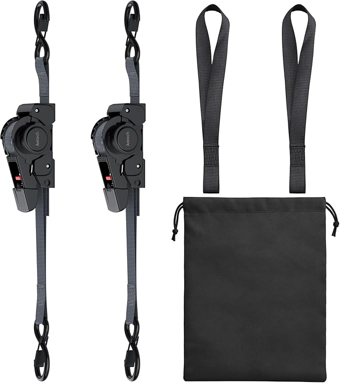 Justech 2 Pack Retractable Ratchet Straps, 1 in x 11.6 ft-1411 lbs Break Strength, Heavy Duty Auto Ratchet Tie Down Straps with Soft Loops & Storage Bag for Motorcycle, Truck, Trailer, Cargo Van, Boat