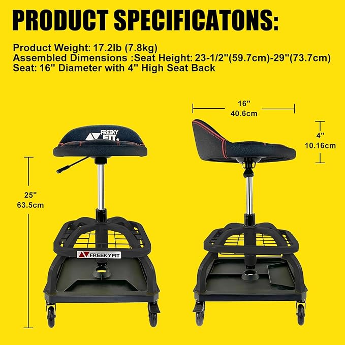 Rolling Shop Stool with Wheels, Garage Work Mechanic Stool with Backrest, Roller Mechanic Chair, Adjustable Height, 360° Swivel, Tool Tray Storage, 330 LBS Capacity, Heavy Duty, Black