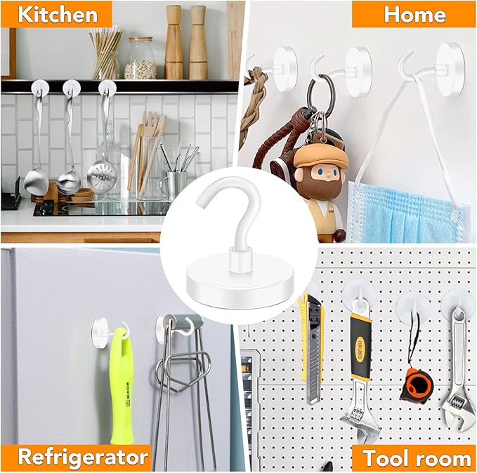 MIKEDE Magnetic Hooks Heavy Duty, 150LB Super Strong Magnetic Hooks for Cruise, Neodymium Earth Magnets with Hook for Hanging, Magnetic Metal Hanger for Fridge, Toolbox, Storage, (White, 4 Pack)
