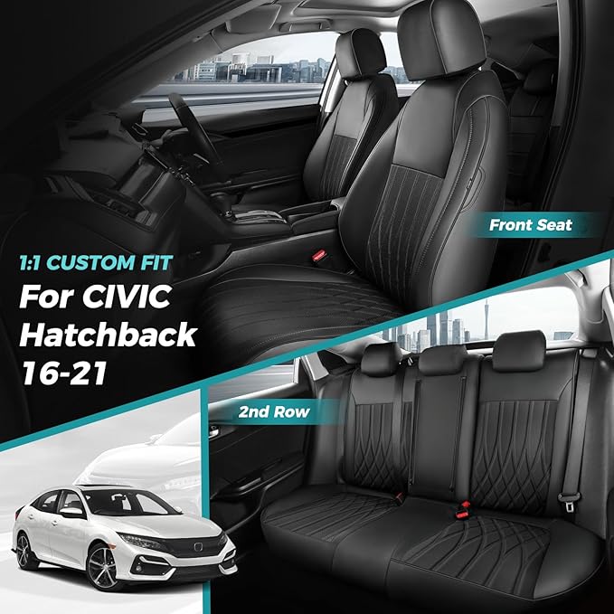 Seat Covers for Honda Civic Hatchback EX, Sport Touring, EXL 2016 2017 2018 2019 2020 2021, Faux Leather Car Seats Cover Full Set(Rear Row 40/60 Split & Folding Backrest)-Black