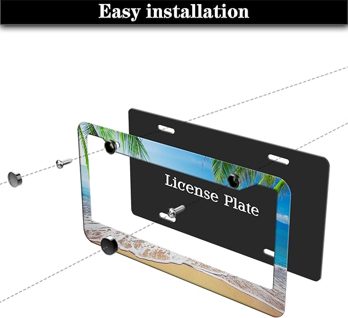 License Plate Frame Multicolor License Plate Holder Palm Trees with Tropical Ocean Beach Scene Aluminum Metal Car Accessory 2 Pack with Screw Covers Set