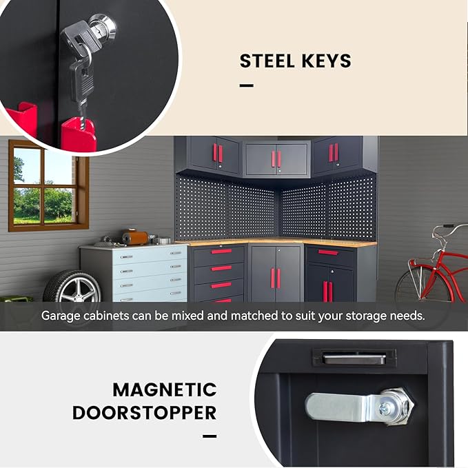 Corner Workshop Set - 10-Pcs Garage Cabinets and Storage System with Corner Cabinet, Cabinet Drawers, Workbench, Pegboard for Tool Organization, Red and Black