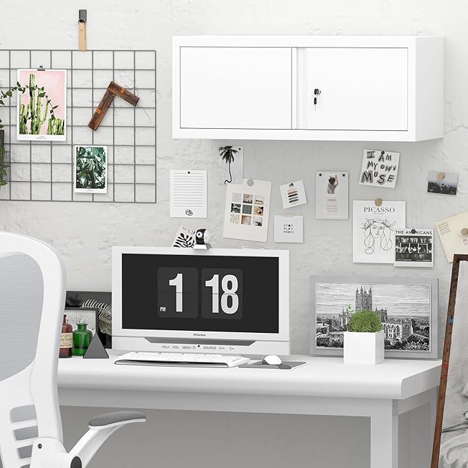 GREATMEET Locking Cabinet, Garage Storage Cabinet, Metal Wall Mounted Storage Cabinets with Doors for Garage, Hanging Floating (White, 13" H)