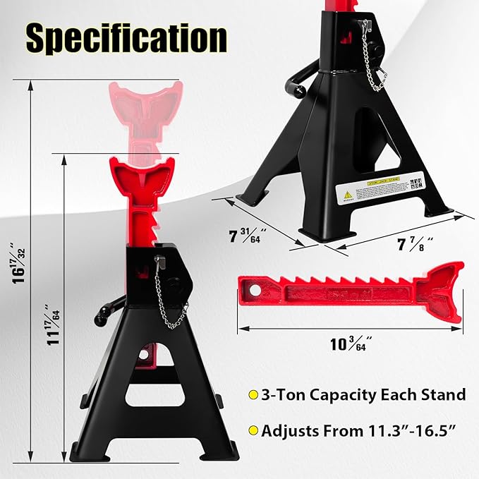 Jack Stands 3 Ton (6,600 LBs) with Double Pin Locking, Car Jack Stand 11.22"-16.54" Adjustable with Rubber Pads, Jack Stands for Trucks,Home,Garage, SUV, Pickup,Car,UTV/ATV,1 Pair