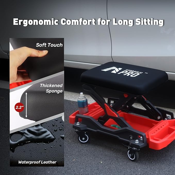 Automotive Creeper Seat with Rolling Wheels, 300 LBS Capacity Mechanic Stool, Heavy Duty Garage Stool with Soft Padded Cushion and Tool Trays, Foldable Design for Easy Storage