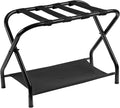 Heybly Luggage Rack, Steel Folding Suitcase Stand with Storage Shelf for Bedroom, Hotel, Foldable Steel Frame, Guest Room Bedroom Hotel, 22.8" L x 11.8" W x 20.9" H, Black HLR004B1