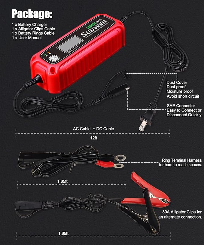 5-Amp High-Efficiency 6V&12V Smart Car Battery Charger, Battery Maintainer, Trickle Charger, Float Charger and Desulfator for Car, Motorcycle, ATV, Lithium (LiFePO4) and Deep Cycle Batteries