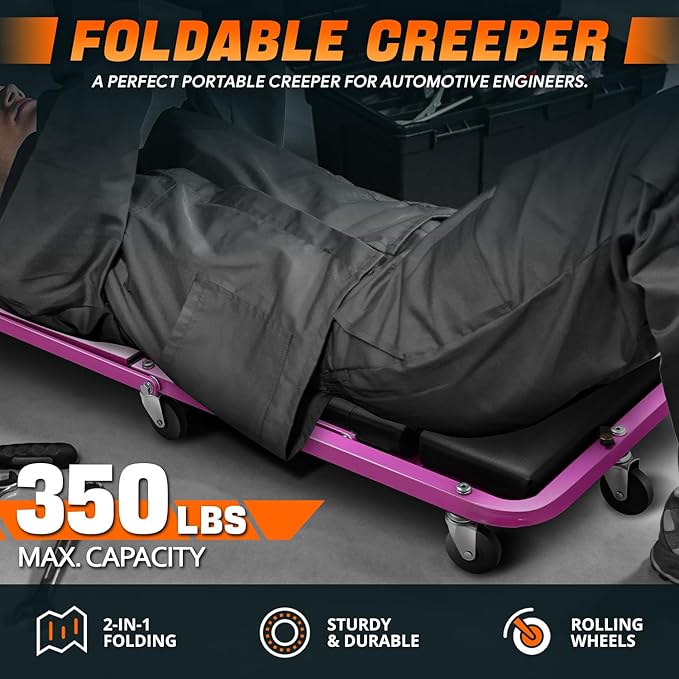 DNA MOTORING 48" 2 IN 1 Folding Rolling Garage Shop Creeper Roller Seat, 7 Pcs 2" Casters, 350 Lbs Weight Capacity, Purple, TOOLS-00193-PR