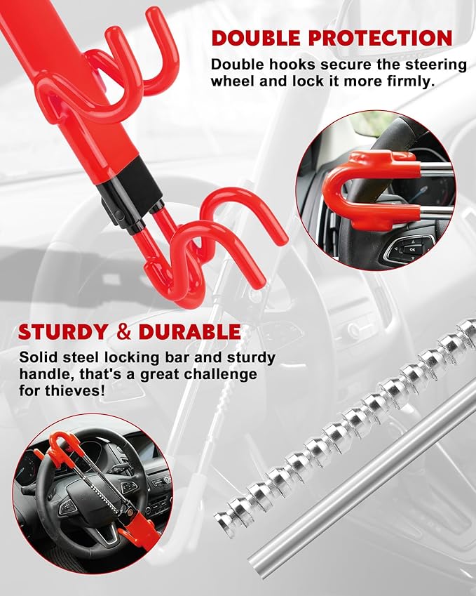 Tevlaphee Steering Wheel Lock Anti-Theft Car Device Heavy Duty Security Car Lock Antitheft Locking Devices Great Deterrent Adjustable Car Wheel Lock Anti Theft for Vehicle Truck SUV with 3 Keys (Red)