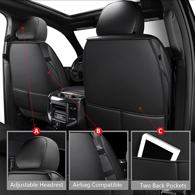 MIROZO 2PCS Front Seat Covers for Dodge Ram,Waterproof Truck Seat Cover Compatible with 2009-2025 RAM 1500 2500 3500 Truck Pickup Crew Quad Cab (2PCS Front,Black)