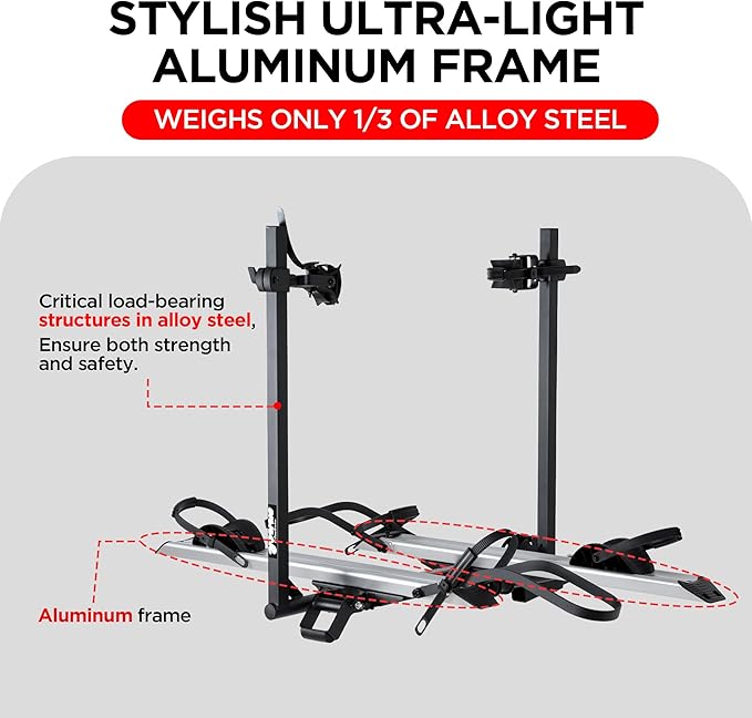 Aluminum Hitch Mounted Bike Carrier 200 LBS Capacity for Standard Bikes and Ebikes, Fit Cars SUV Truck Trailer and RV